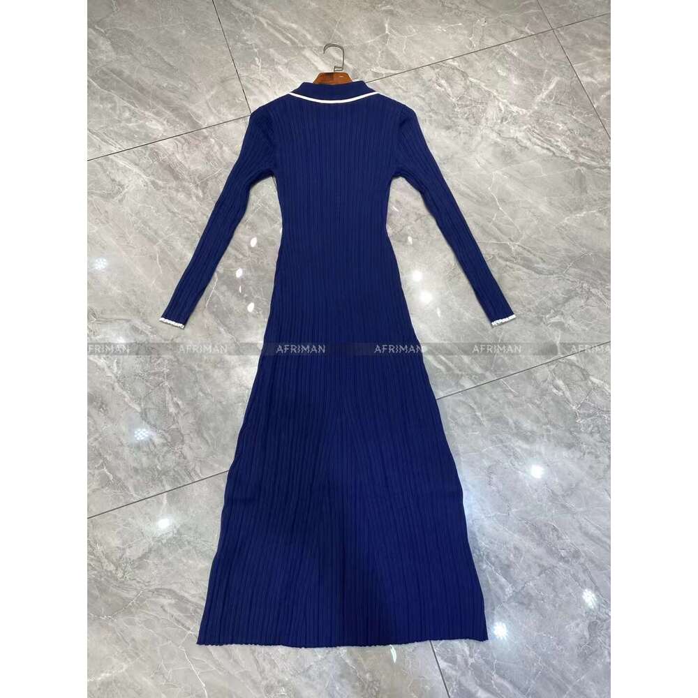 Women Polo Collar Color Patchwork Threaded Knitted Long Dress