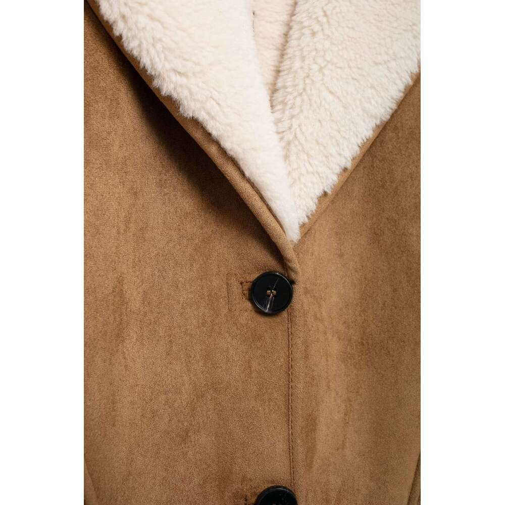 TRAFZA Women Fall Winter Suede Exterior Lapel Buttons Vintage Fleece Ed New 2024 Fashion Casual Warm Coat