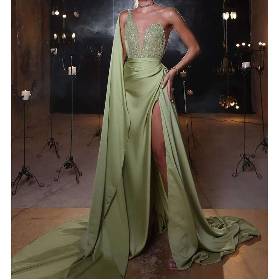 Green Prom Sleeveless V Neck Satin One Shoulder Appliques Sequins Dresses With Cape Side Slit Or Length Evening Dress Plus Size Custom Made 0431