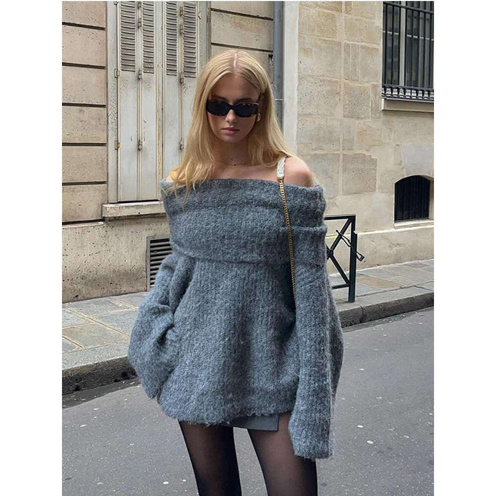 Elegant Off Shoulder Thicken Warm Knitted Pullover Women Fashion Oversized Long Flare Sleeve Solid Sweater 2024 Lady Streetwear