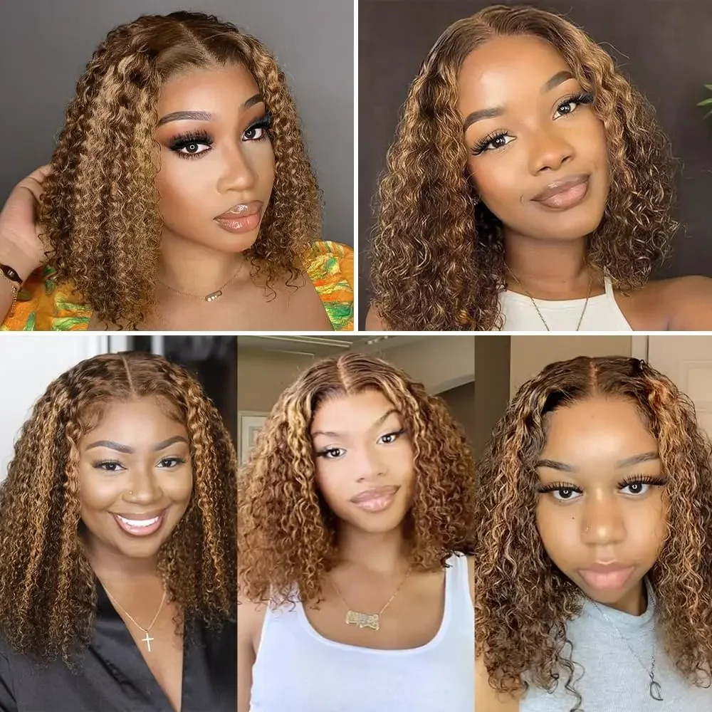 Highlight Ombre Lace Front Curly Human Hair 13x4 Short Bob Honey Blonde Colored Deep Wave Frontal Wig For Black Women