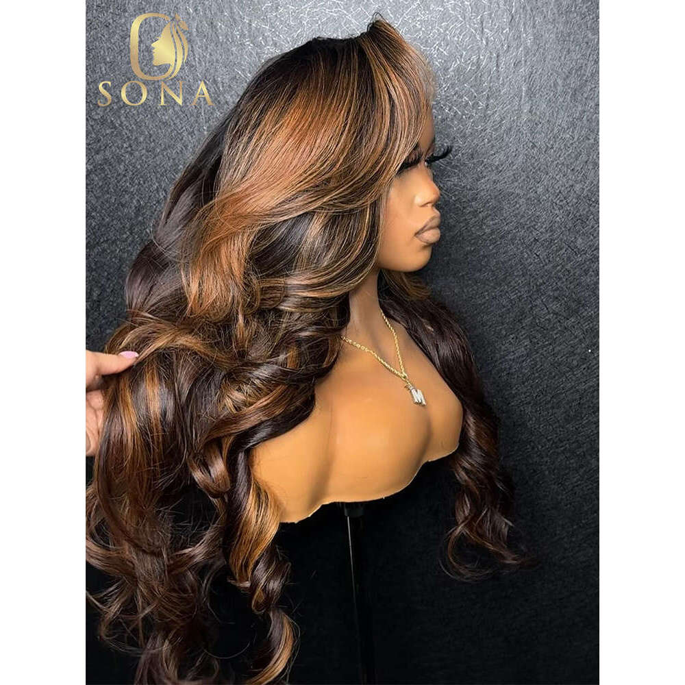 B HD Transparent x Lace Frontal Body Wave Human Hair Wigs Brown Stripe Highlights Honey Blonde Pre Plucked For Women