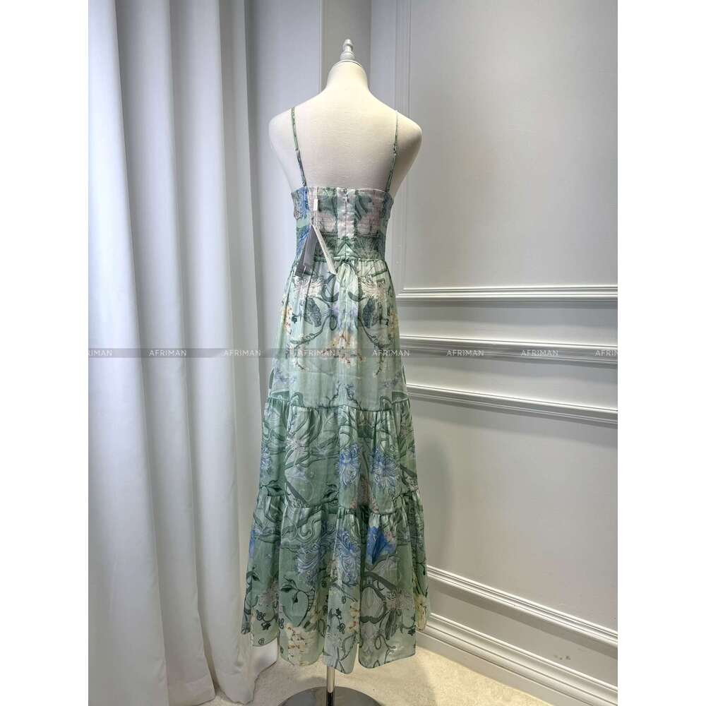 2024 New V Neck Crystal Beaded Sexy Cross Strapless Green Wer Print Maxi Long Silk Sg Dress