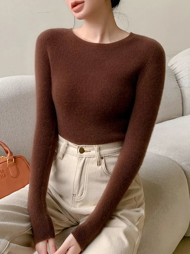 Womens sweater O-neck basic pullover sweater spring/summer 100% Merino wool slim solid color sweater fashionable top 241028