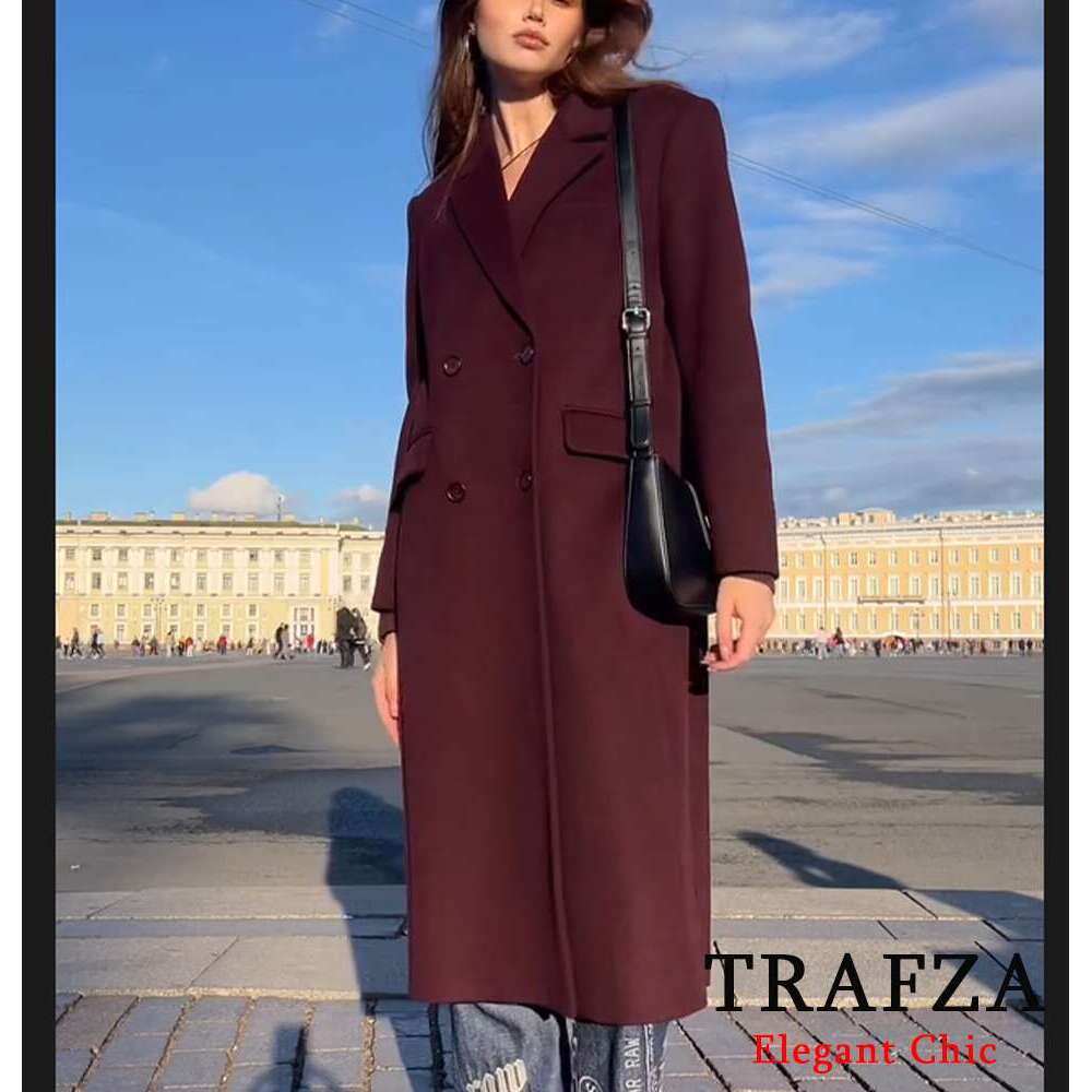 TRAFZA Elegant Blended Women's Lapel Double-Breasted Bury With Ed New 2024 Fall Winter Fashion Long Coat