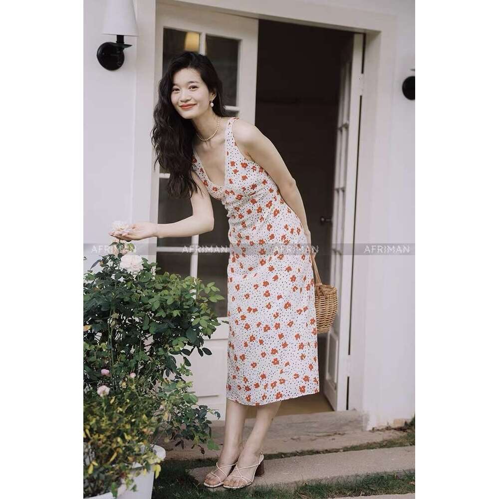 Women New French Style 100% Silk Saffron Print Lace Patchwork V Neck Sleeveless Slim Fit Seaside Vacation Dress