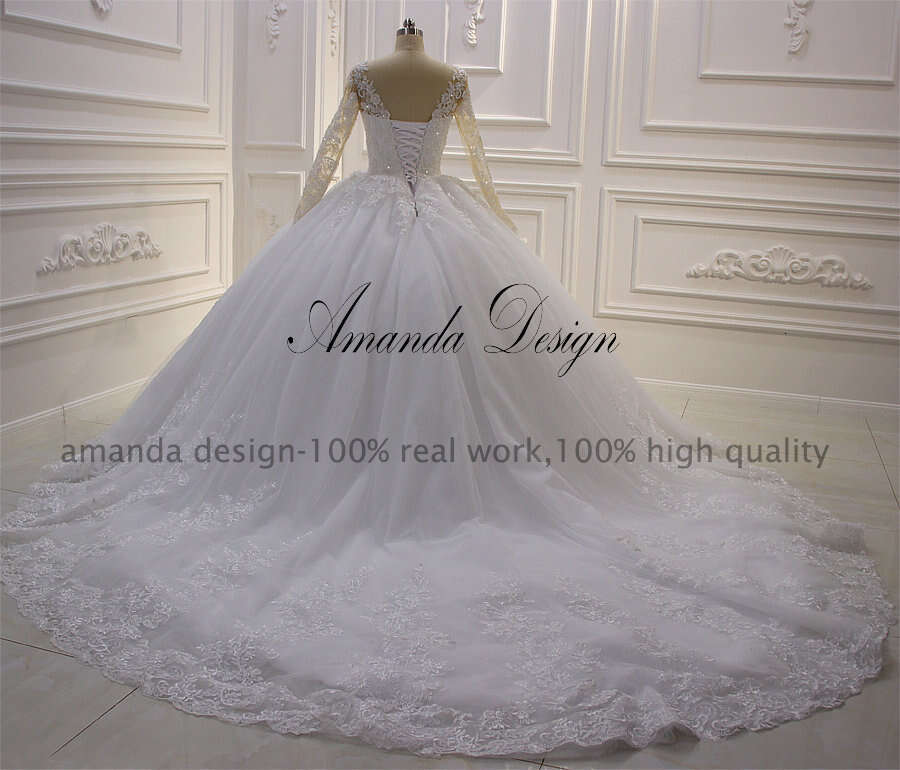 Amanda Design vestido novia playa Long Sleeve Lace Appliqued Wedding Gown for Bride