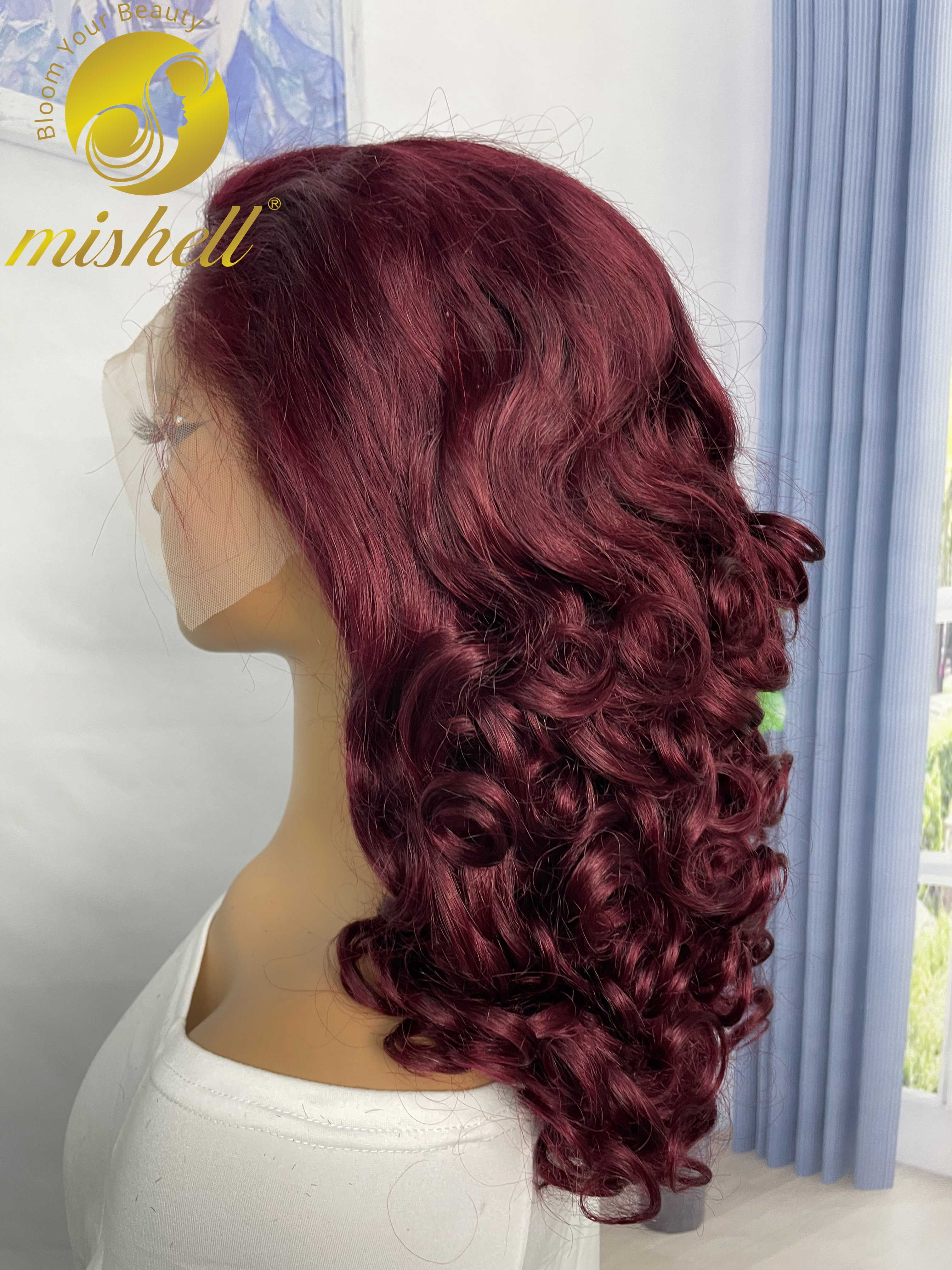 16inch 13x4 Full Lace Frontal Spring Bouncy Curly Human Hair Wigs 250% Density Bury 99J Short Loose Wave Bob Wig PrePlucked