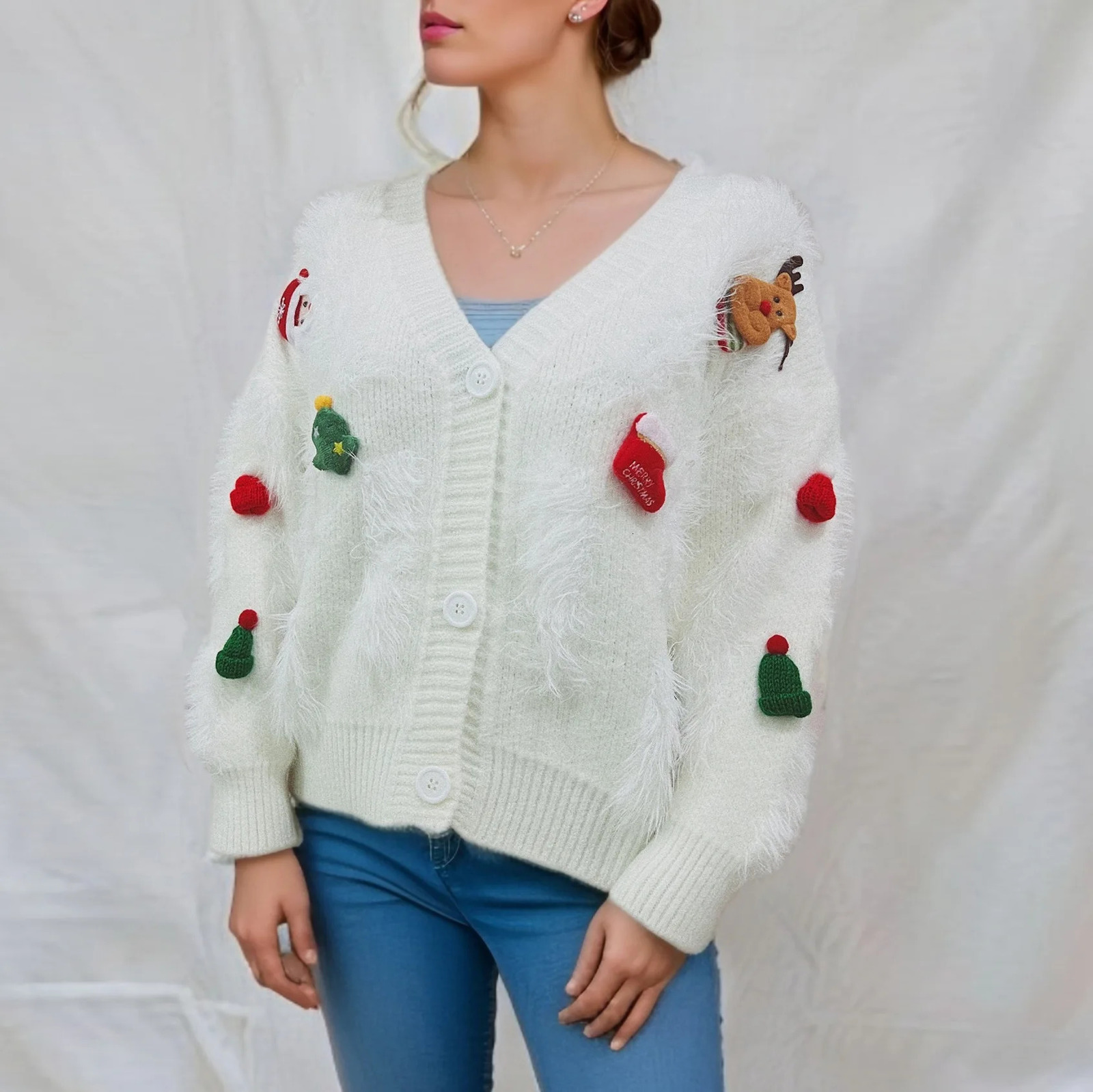 Sweet Year Christmas faux mink cute decoration single chest cardigan jacket autumn winter festival Versatile Top 241025