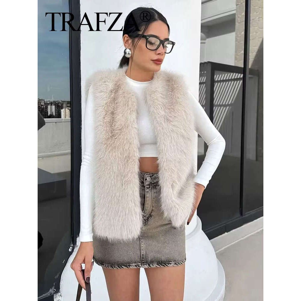 TRAFZA Faux Fur Vests For Women 2024 New Fashion Fluffy Sleeveless Jackets Female Vest Loose Winter Warm Streetwear Waiscoat Top