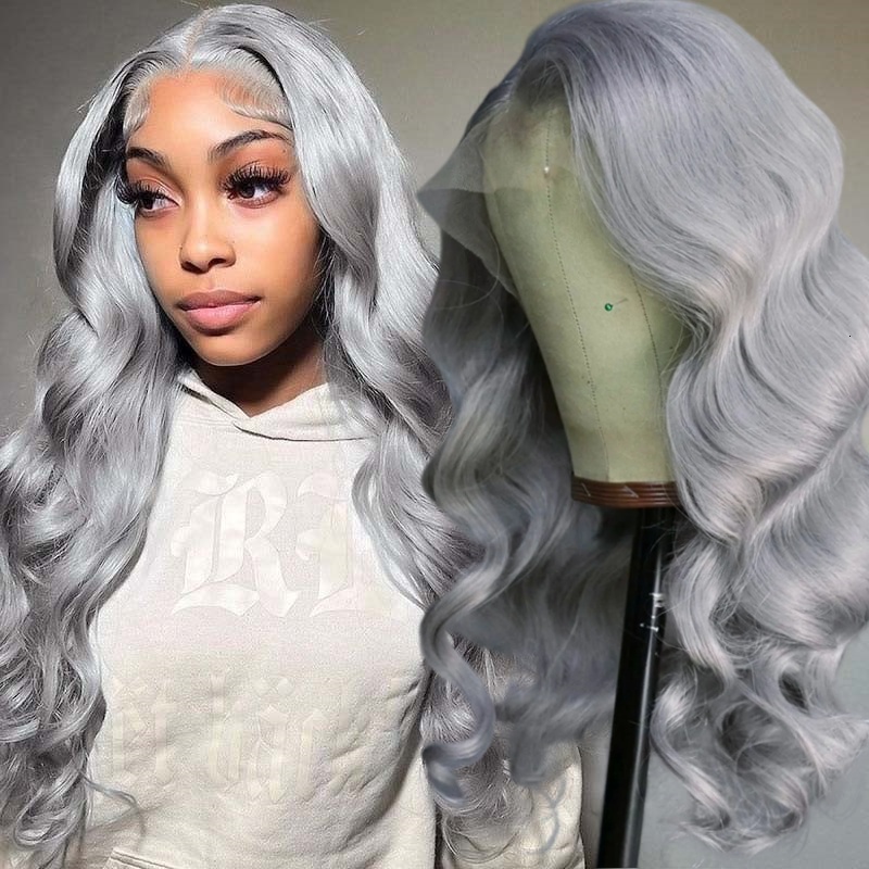 Front Synthetic Lace Glueless Wavy Sier Wig Body Wave Long Grey Hair Wigs for Women