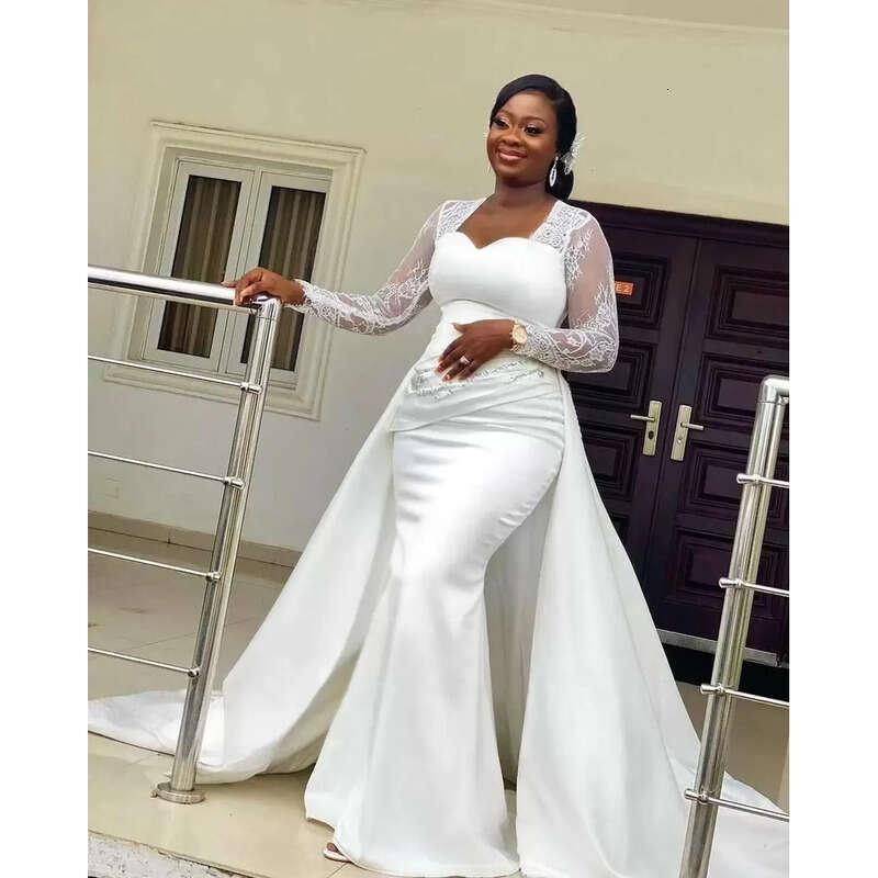 Lace Long Sleeve Mermaid Wedding Dresses 2022 African Plus Size Aso Ebi Sweetheart Stain Bridal Gowns Vestidos De Novia