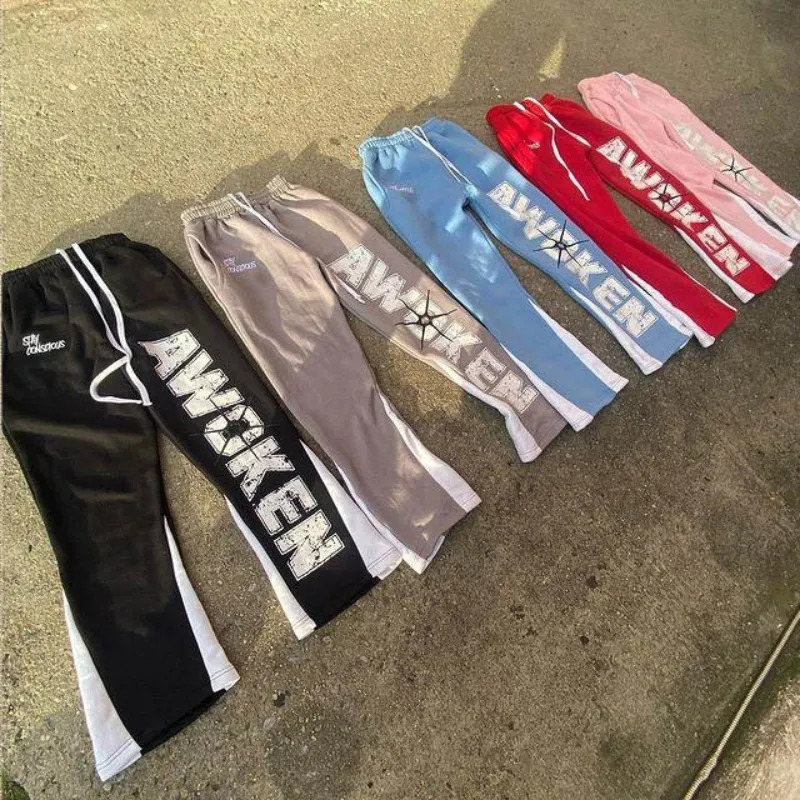 American Harajuku Letter print straight trousers hiphop letters winter thickened loose y2k casual pants sweatpant Men 241024