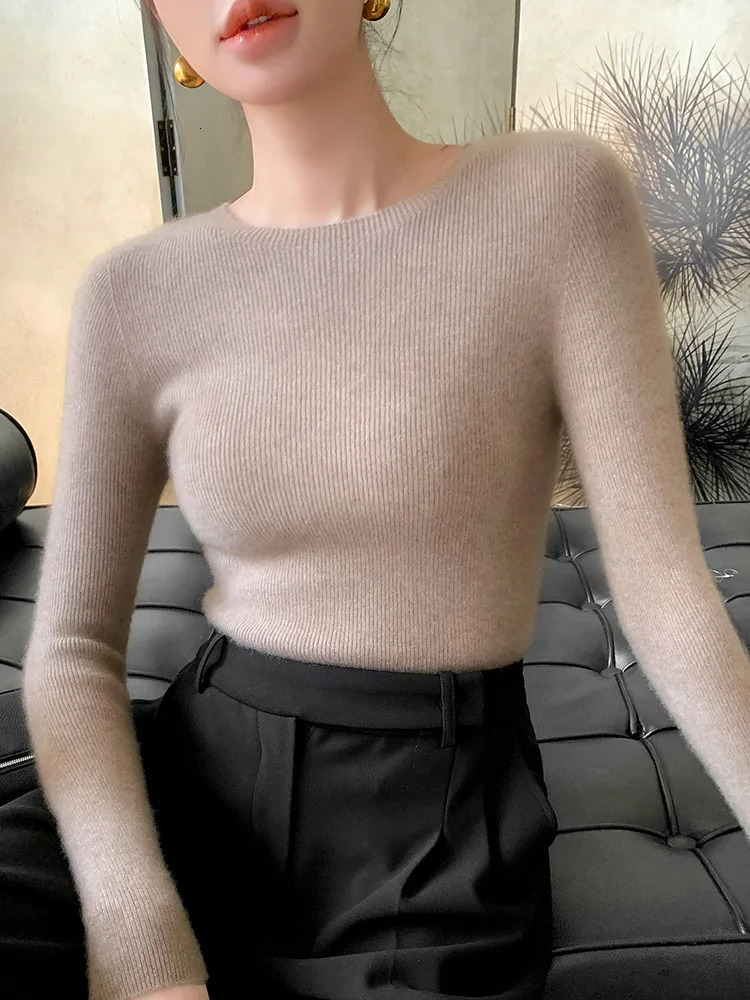Womens sweater O-neck basic pullover sweater spring/summer 100% Merino wool slim solid color sweater fashionable top 241028