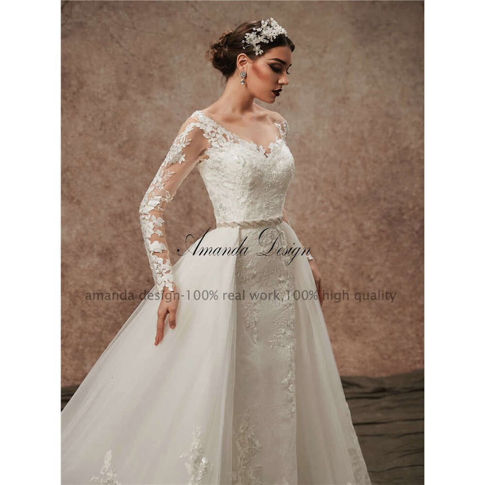 Amanda Design nikah elbiseleri Long Sleeve Lace Applique Mermaid Wedding Dress with Detachable Skirt