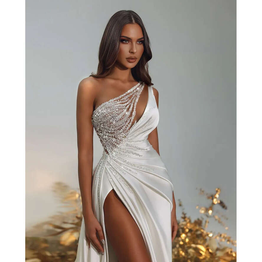 Stylish Mermaid Prom Dresses Sleeveless V Neck One Shoulr Appliques Bead Or Length Satin 3D Lace Si Slit Evening Dress Bridal Gowns Plus Size Custom 0