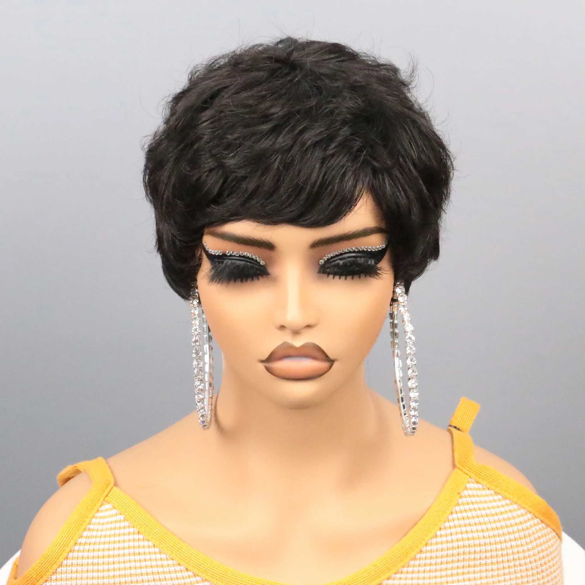 E-cut wig short Bob wig layered E-cut wig black female Brazilian Remy without glue or lace M241028