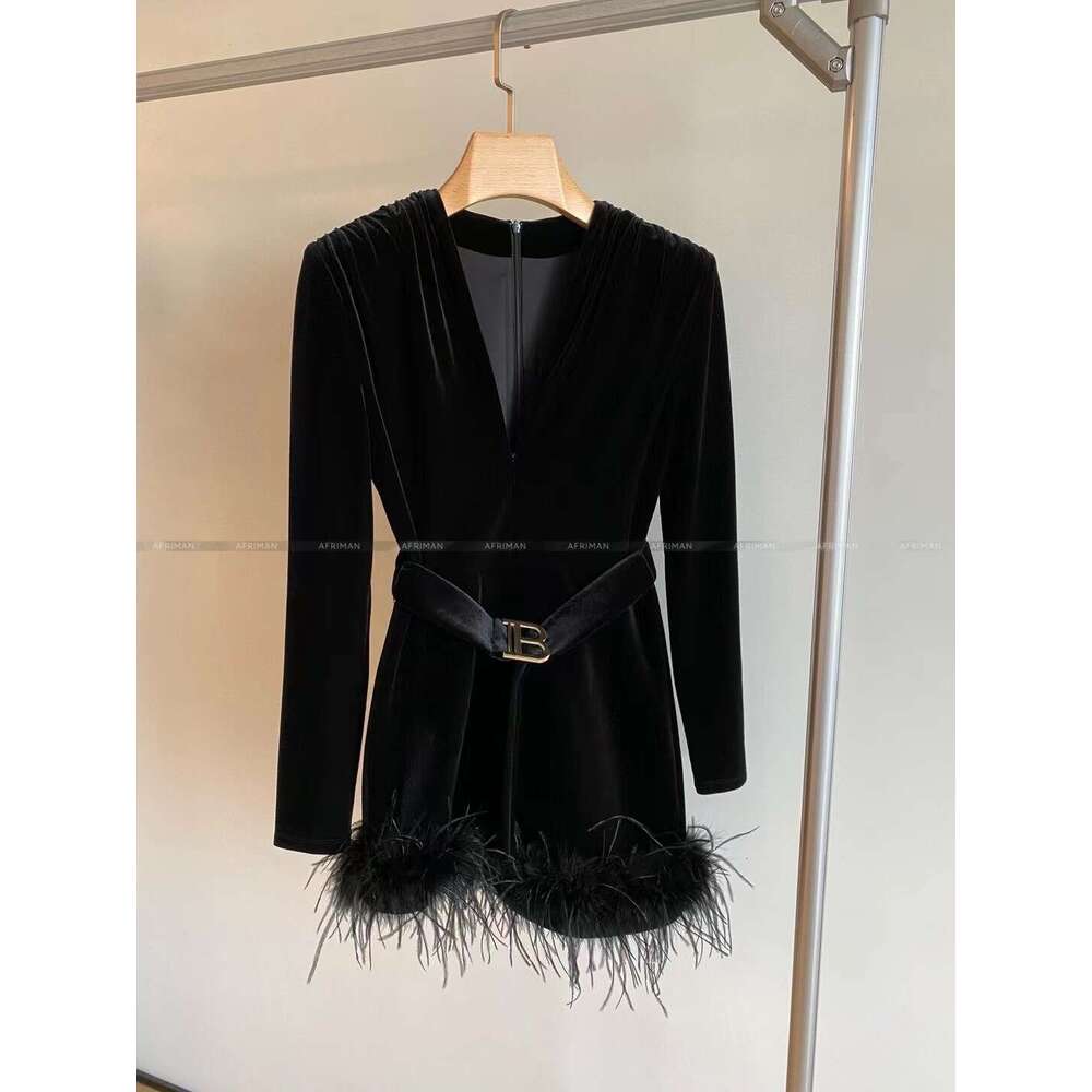 Women Sexy Deep V-Neck Ostrich Feather Patchwork Veet Short Dress With Metal Belt