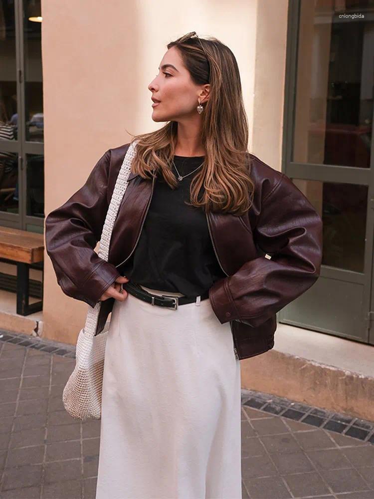 Womens Jackets Women Burgundy Cropped Leather Jacket Chic Elegant Lapel V Neck Long Sleeve Pockets Short Coat 2024 Female Fashion Outerwear