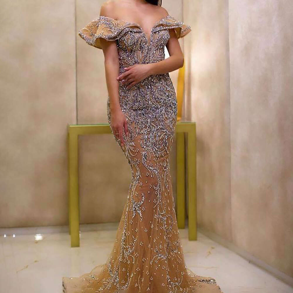 Crystal Evening Dresses With Detachable Train Women Beaded Prom Dress Cap Sleeves Champagne Tulle Party Gowns