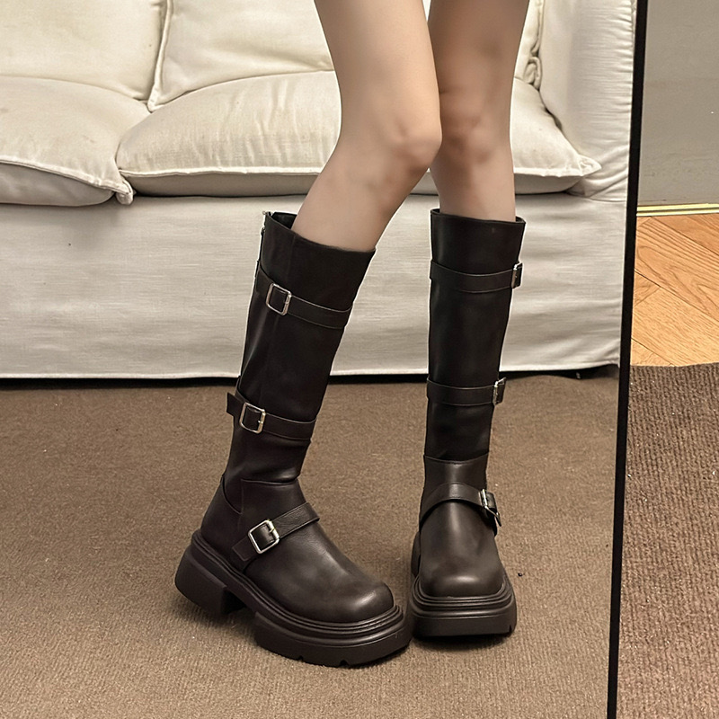 natural Women's suede leather chunky heel platform metal buckle punk female autumn New knee high side zip knight boots shoes