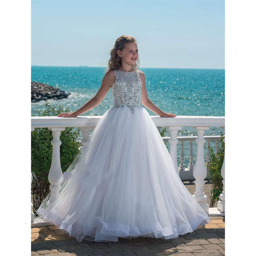 Bg Wer Girls Dresses 2022 Crystals Rhies Sweep Train White Tulle First Communion Dress For Little Girl Jewel Necke 0509