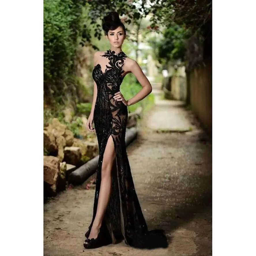 Rami Salamoun Elegant Prom Beading Split Appliqued High Neck Mermaid Sequins Evening Dresses 2019 Real Image Cheap Long Formal Gowns 0509