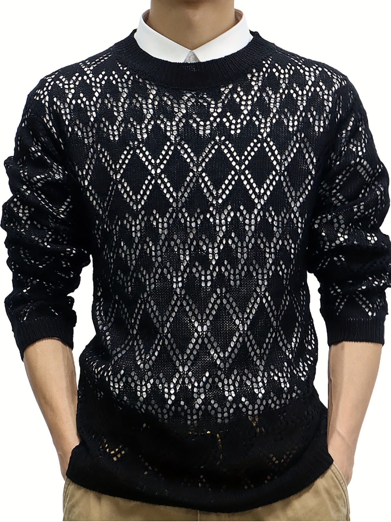 Fashionable knitted sweater with transparent mesh hollow design, casual round neck pullover sweater, sexy nightclub clothing for men