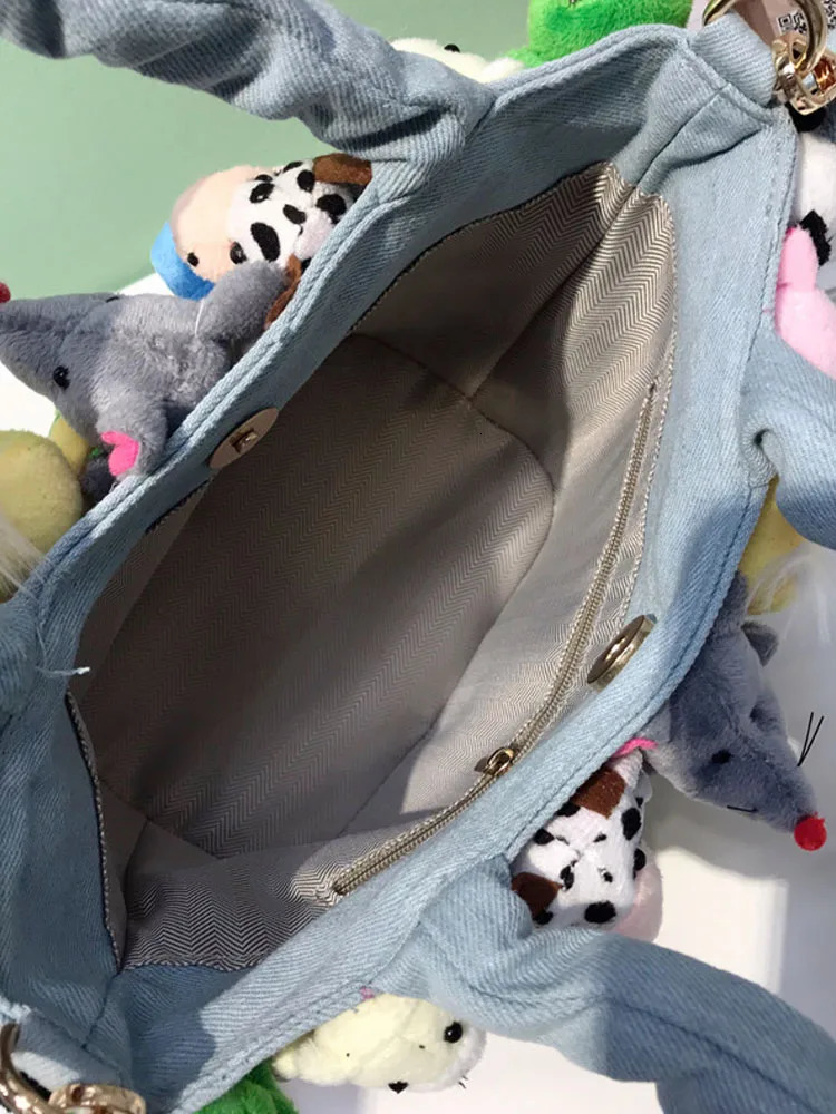 Women Kawaii Bucket Fashion Crossbody Bags Cartoon Decoration Denim Handbags Casual Ladies Single Shoulder 241021
