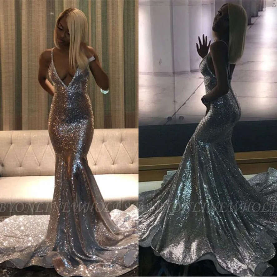 Prom Dresses Sier Sequins Sexy Deep V Neck Mermaid Vintage African Black Girls Formal Evening Party Gowns Cheap Long Dress