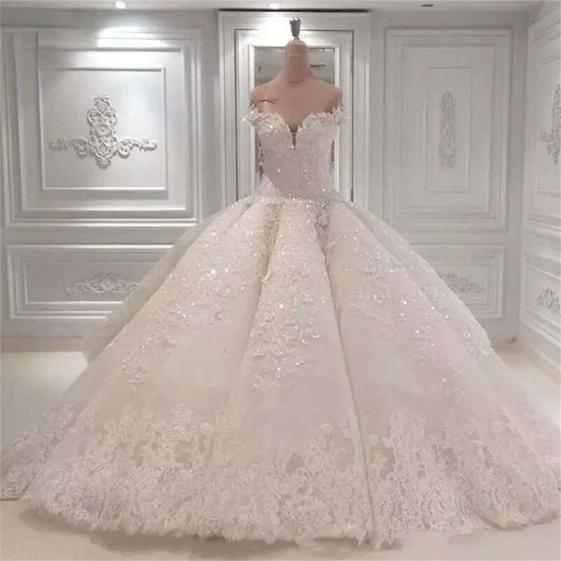 Princess Wedding Dresses Puffy Big Train Tulle Lace Beaded Crystal Real Photo Bride Gown Custom Made