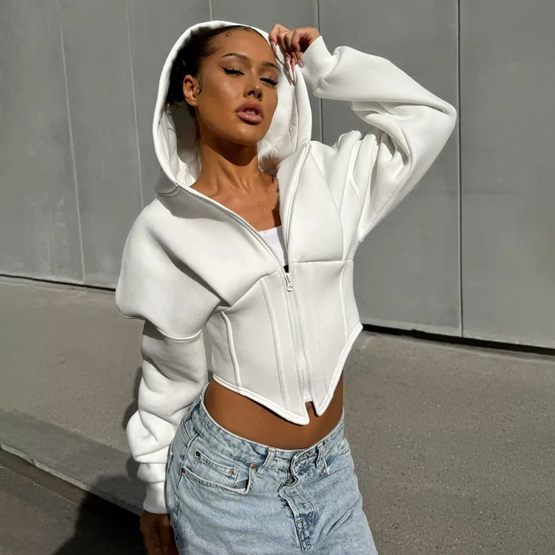 Women's Jackets Autumn Long Sleeve Fleece Zipper Cardigan Hooded Sweater Girdle Short Casual Jacket Female Streetwear Women Autumn