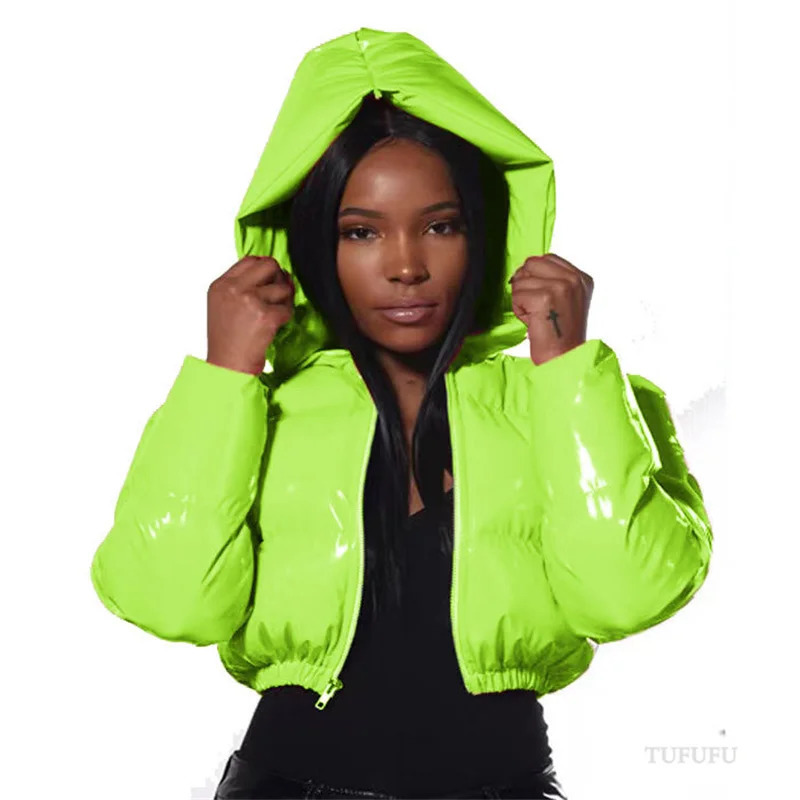 Fashion Cute Women Bright PU Pink Puffer Jacket Winter Warm Bubble Coats Shiny Leather Parkas Down Zipper Cropped Jackets Parkas 241028