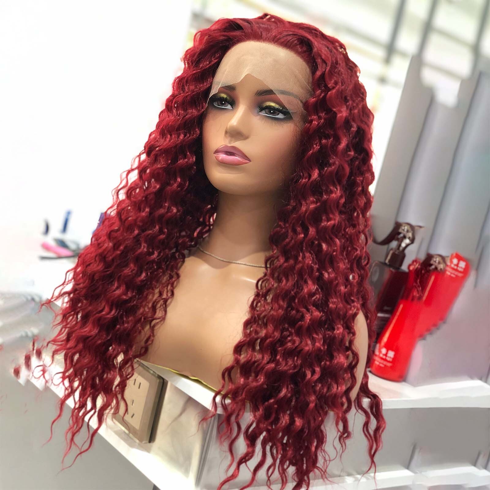 Red Deep Synthetic Front Wig Glueless Afro Kinky Curly Bury Colored Hair Lace Frontal Wigs for Women Party