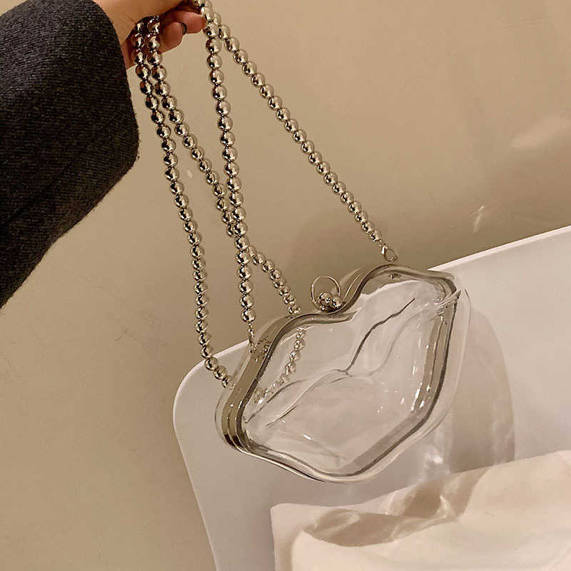 CMM Personalized and Quirky Creative Lip Bag Korean Version Girl Shiny Face Chain Shoulder Crossbody Transparent Jelly Bag