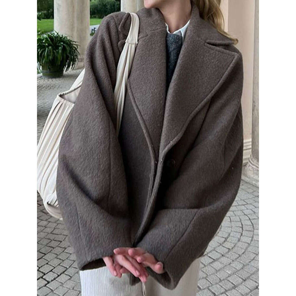 Woolen Solid Women Short Coat Thick Lapel Double Breasted Female Jacket 2024 Autumn Long Sleeve Pocket Lady Blazer Jackets