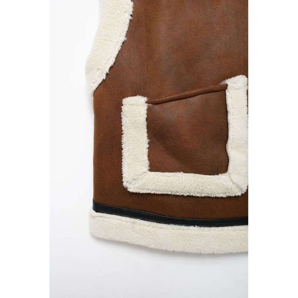 TRAFZA Vintage Fall Winter Fleece Women's Lapel Zipper Pocket New 2024 Fashion Casual Elegant Retro Vest