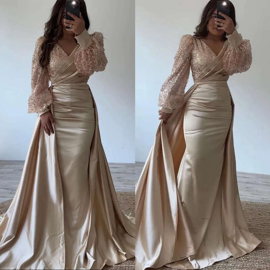 Champagne Mermaid Evening Elegant With Detachable Train Sequins Long Sleeves Turkey Prom Dress V Neck Plus Size Formal Dresses For Women 0515