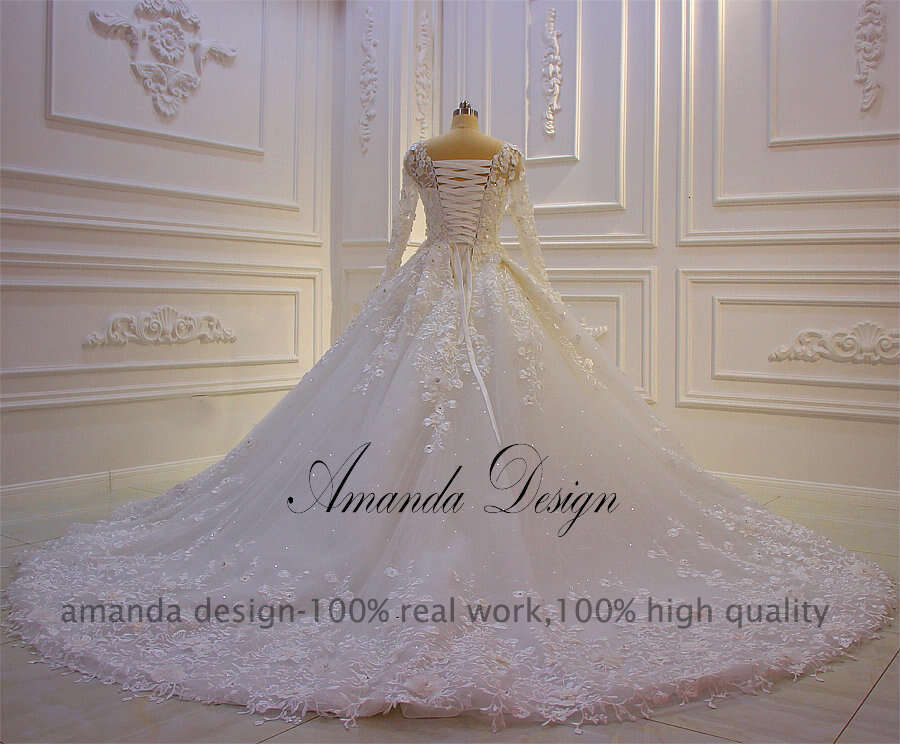 Amanda Design vestidos de novia Long Sleeve Lace Applique wers Wedding Dress for Bride