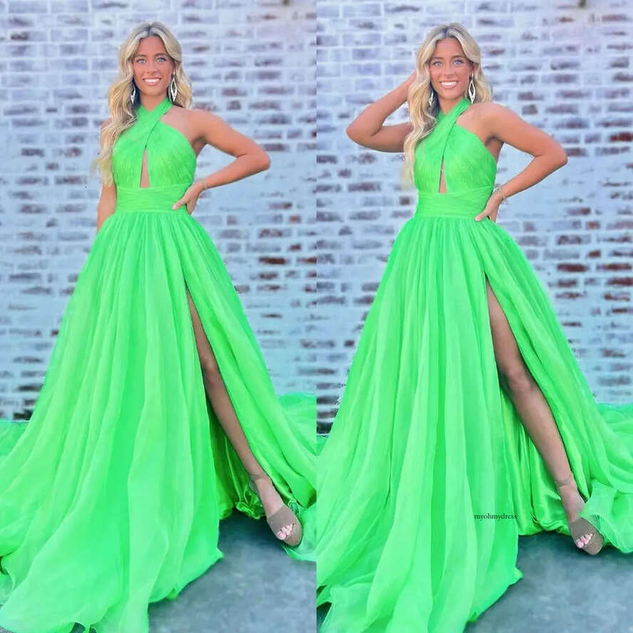 Fresh Green A E Prom Dress Halter Keyhole Evening Elegant Split Dresses For Special Ocns Sweep Train Robe De Soiree 0515