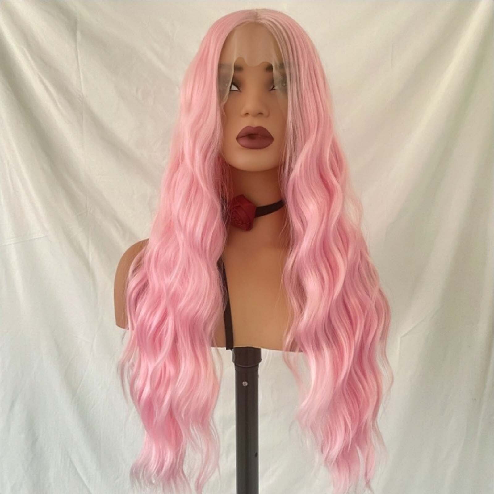 Pastel Pink Long Curly Synthetic Hair Wig Natural Wavy Colored Frontal 13X4 Lace Front Wigs for Women Cosplay