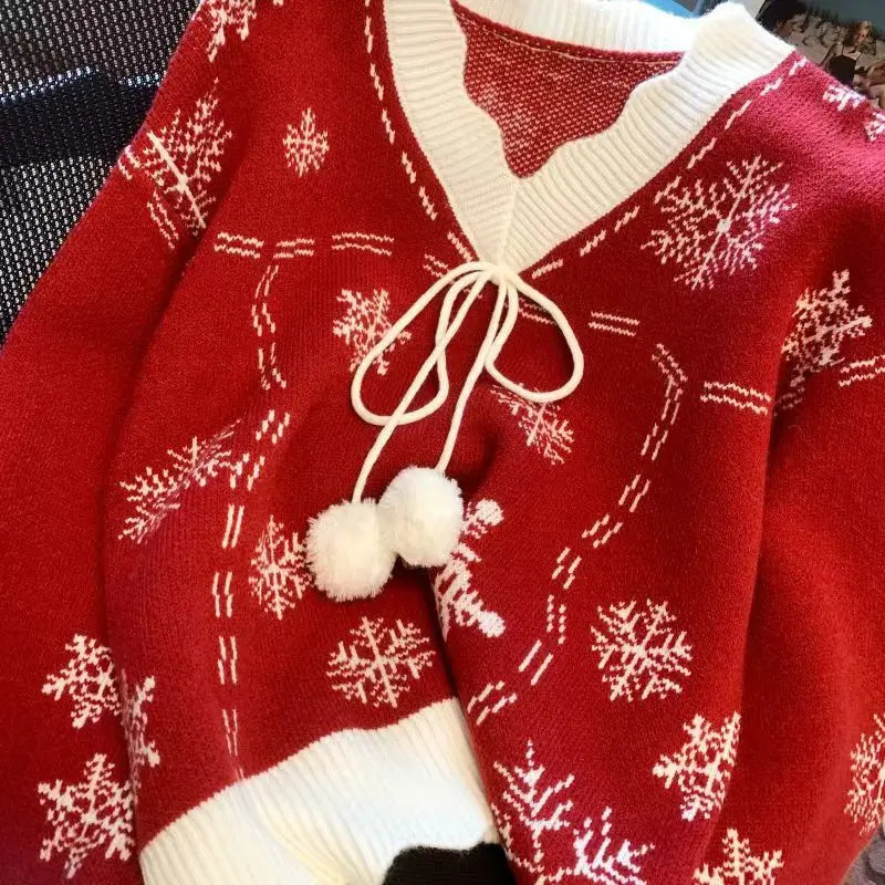 Christmas snowflake sweater womens skydiving bow V-neck long sleeved knitted sweater winter latte top Korean fashion sweater 241025