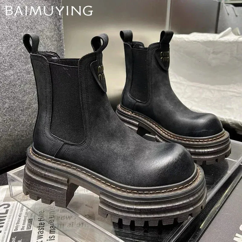 Womens ankle snow with platform soles Mid-heel fashion leather shoes womens Winter trend casual Goth style Knight boots Botas Mujer 241118