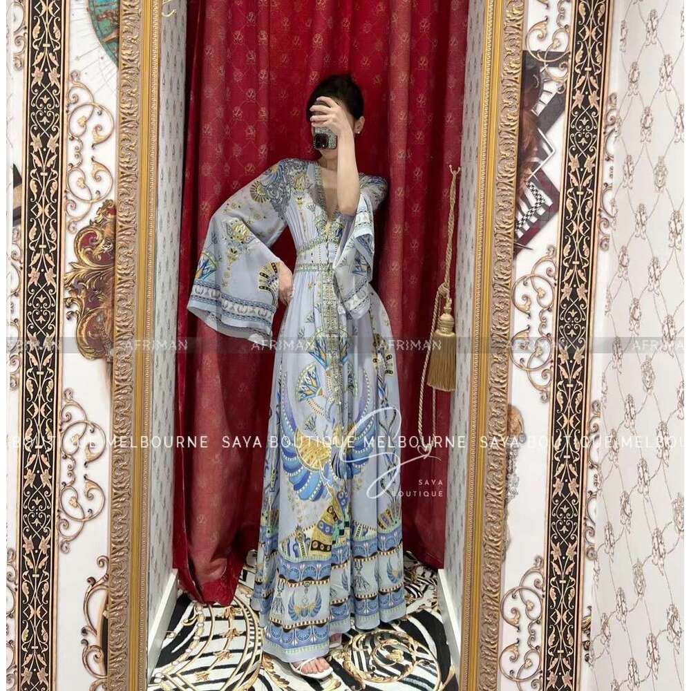 Women V Neck Crystal Beaded Flare Sleeve Elastic Waist Retro Blue Print 100% Silk Long Dress