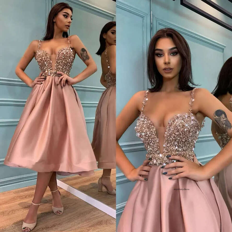Fashion Designer Pink Prom Dresses Straps V Neck Sequins Tail Pleats Tea Length Formal Red Carpet Special Ocn Short Party Dress 0515