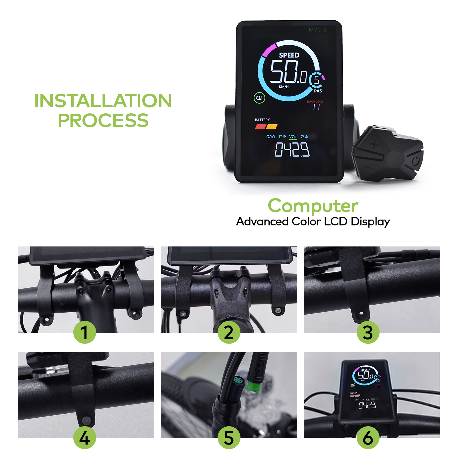 M7C-2 E-bike LCD Colorful Display Meter SM/Waterproof Connection Plug Digital ebike Electric Bicycle Display With USB UART
