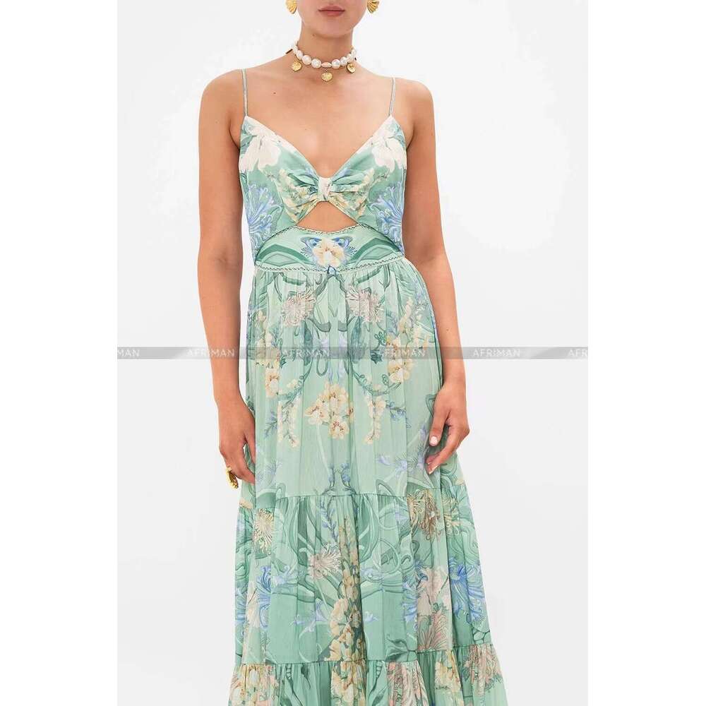 2024 New V Neck Crystal Beaded Sexy Cross Strapless Green Wer Print Maxi Long Silk Sg Dress