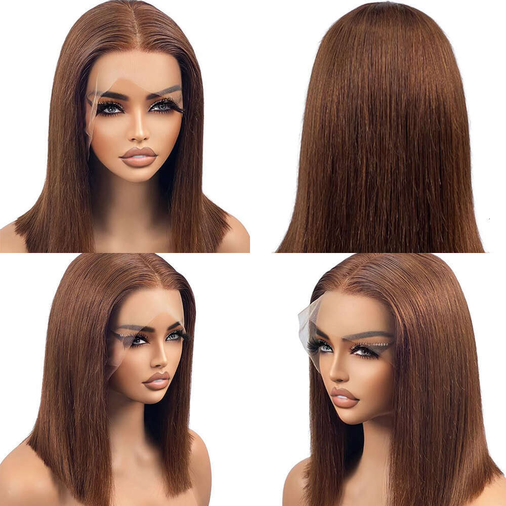Bob Wigs Human Hair Chocolate Brown Lace Front For Women Lightly Bleached Knot Density