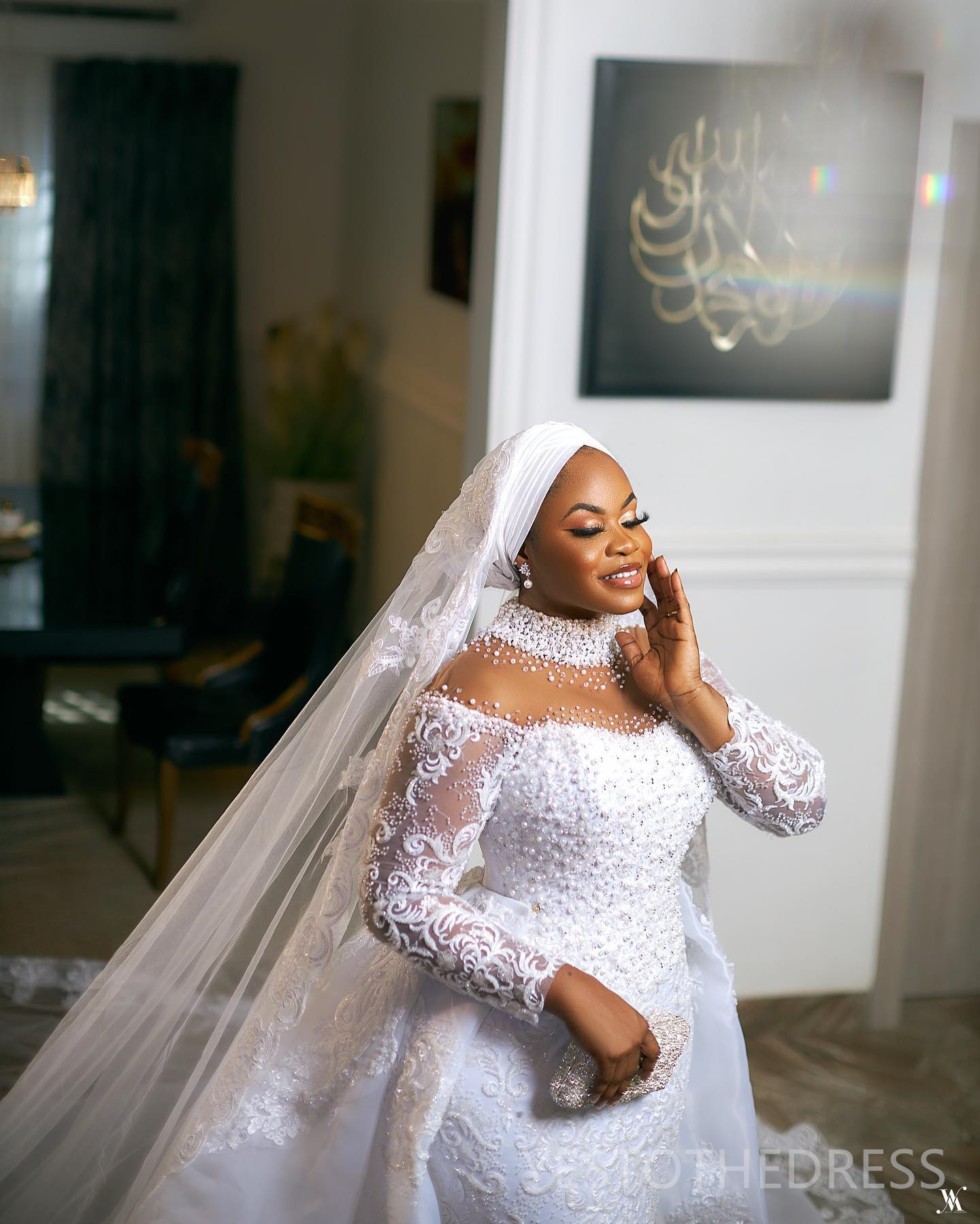 2025 Plus Size Arabic African Wedding Dress For Bride Bridal Gowns Detachable Train Mermaid Pearls Beaded Lace High Neck Long Sleeves Wedding Gowns Fo