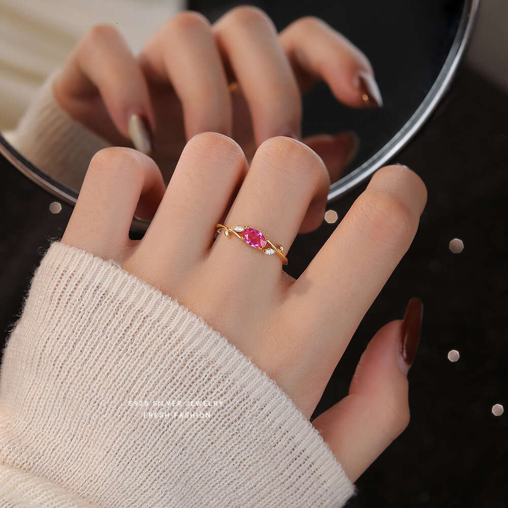 Real Sterg Sier French Light Rose Zircon Branches Leaves Ring Gift for Lady Mom Daughter Birthday Jewelry